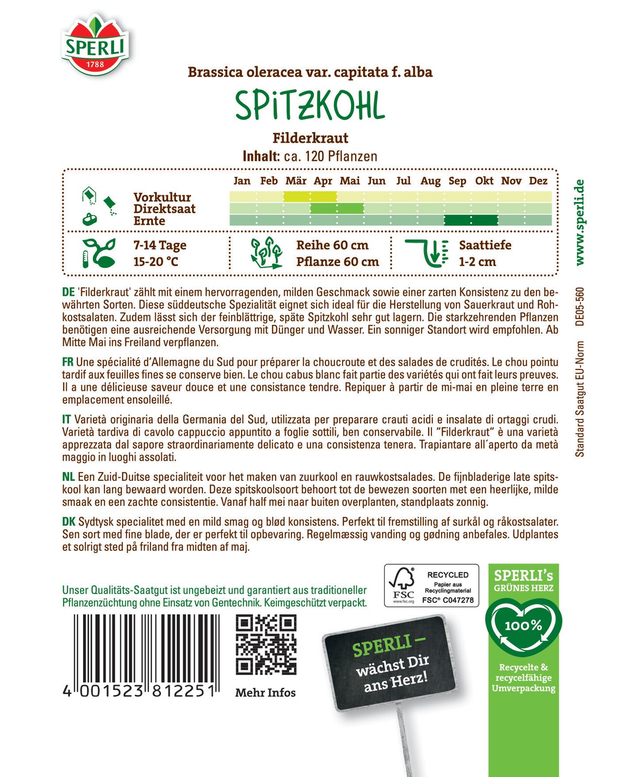 Head cabbage pointed Fielderkraut 120 grains Sperli